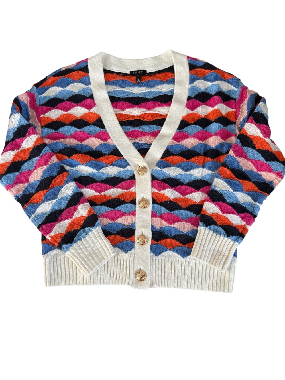 Talbots Multicolor Wave V-Neck Cardigan with White Trim